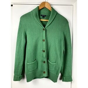 Lands End Green Shawl Collar 100% Cotton Cardigan Button Front Size L 14 16